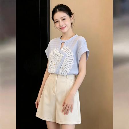 韩系甜美短袖短袖衬衫女夏季百搭上衣 服裝批發女裝批發服飾貨源