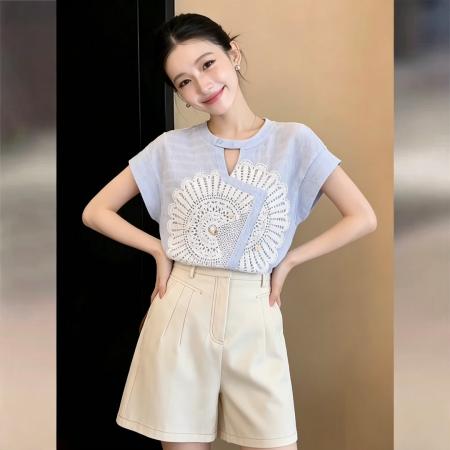 韩系甜美短袖短袖衬衫女夏季百搭上衣 服裝批發女裝批發服飾貨源