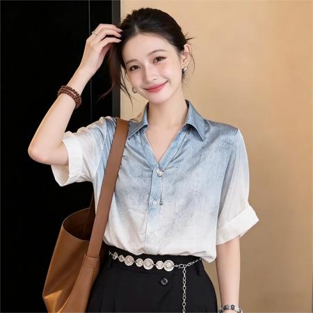 法式冰川蓝渐变设计感短袖衬衫女夏宽松休闲上衣 服裝批發女裝批發服飾貨源