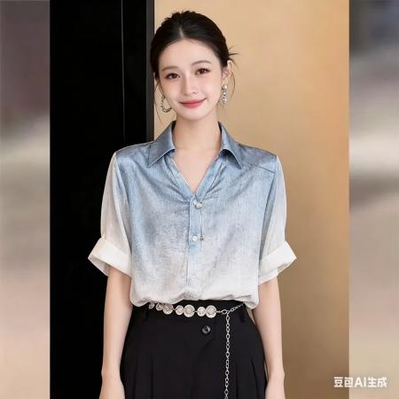 BY17529# 法式冰川蓝渐变设计感短袖衬衫女夏宽松休闲上衣 服裝批發女裝批發服飾貨源