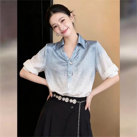 BY17529# 法式冰川蓝渐变设计感短袖衬衫女夏宽松休闲上衣 服裝批發女裝批發服飾貨源