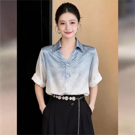 BY17529# 法式冰川蓝渐变设计感短袖衬衫女夏宽松休闲上衣 服裝批發女裝批發服飾貨源