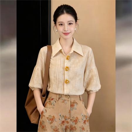 法式暗纹印花立体印花短袖衬衫女夏宽松短款百搭上衣 服裝批發女裝批發服飾貨源