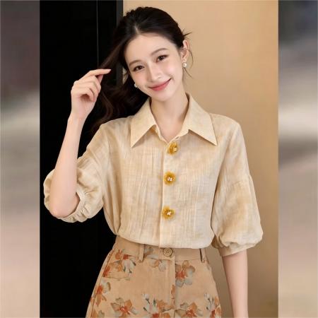 法式暗纹印花立体印花短袖衬衫女夏宽松短款百搭上衣 服裝批發女裝批發服飾貨源