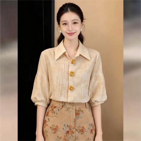 法式暗纹印花立体印花短袖衬衫女夏宽松短款百搭上衣 服裝批發女裝批發服飾貨源