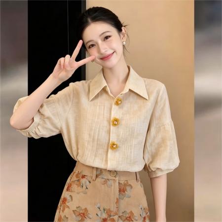 法式暗纹印花立体印花短袖衬衫女夏宽松短款百搭上衣 服裝批發女裝批發服飾貨源