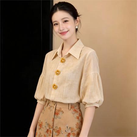 法式暗纹印花立体印花短袖衬衫女夏宽松短款百搭上衣 服裝批發女裝批發服飾貨源