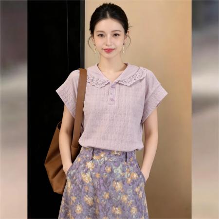 法式甜美衬衫休闲百搭短袖衬衫女夏季百搭上衣 服裝批發女裝批發服飾貨源