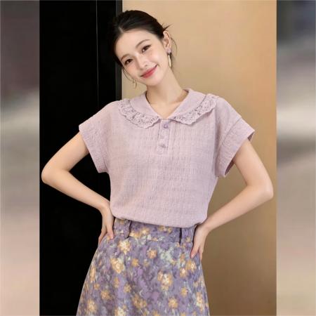 法式甜美衬衫休闲百搭短袖衬衫女夏季百搭上衣 服裝批發女裝批發服飾貨源