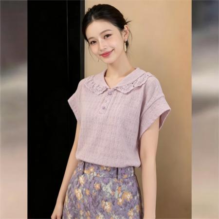 法式甜美衬衫休闲百搭短袖衬衫女夏季百搭上衣 服裝批發女裝批發服飾貨源