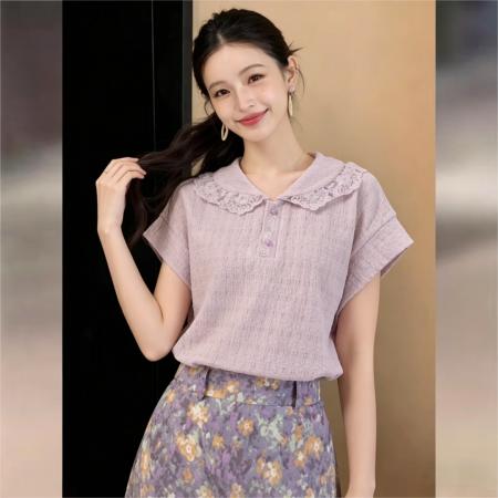 法式甜美衬衫休闲百搭短袖衬衫女夏季百搭上衣 服裝批發女裝批發服飾貨源