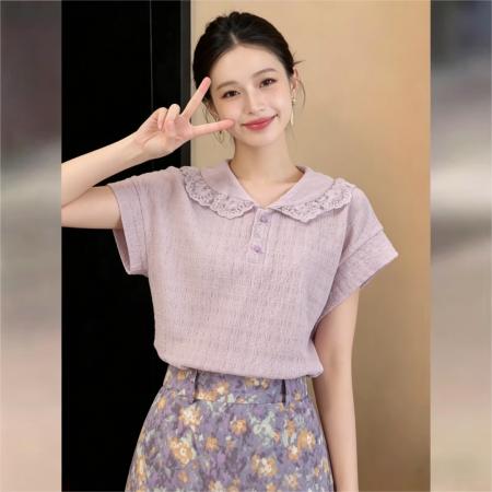 法式甜美衬衫休闲百搭短袖衬衫女夏季百搭上衣 服裝批發女裝批發服飾貨源