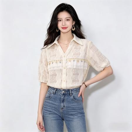 亮片镂空透气短袖衬衫女夏季气质高级感宽松上衣 服裝批發女裝批發服飾貨源