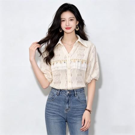 亮片镂空透气短袖衬衫女夏季气质高级感宽松上衣 服裝批發女裝批發服飾貨源