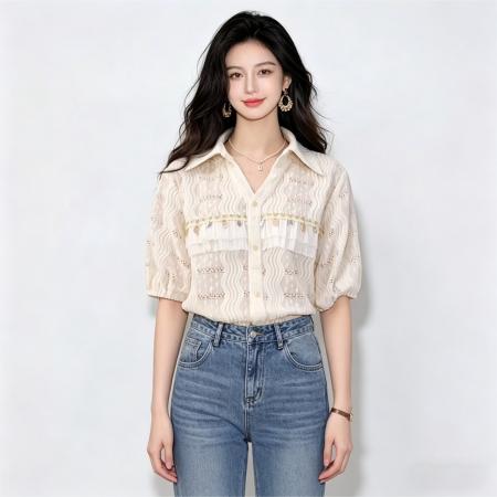 亮片镂空透气短袖衬衫女夏季气质高级感宽松上衣 服裝批發女裝批發服飾貨源