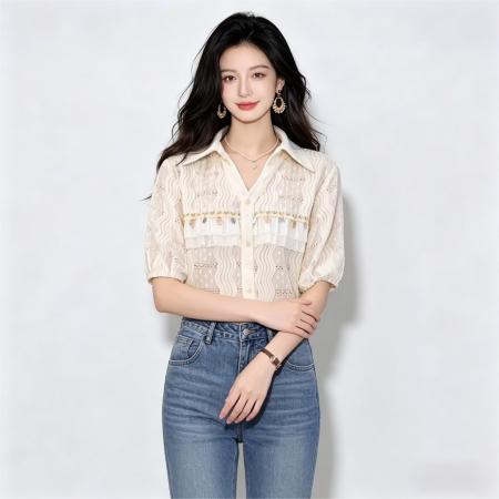 亮片镂空透气短袖衬衫女夏季气质高级感宽松上衣 服裝批發女裝批發服飾貨源