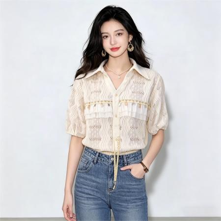 亮片镂空透气短袖衬衫女夏季气质高级感宽松上衣 服裝批發女裝批發服飾貨源