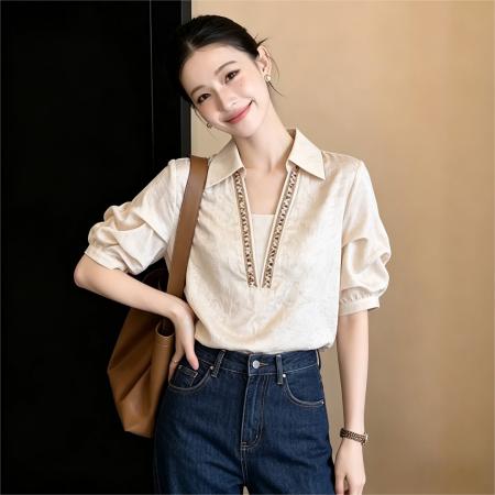 韩式压褶晕染印花短袖衬衫女夏宽松休闲上衣 服裝批發女裝批發服飾貨源