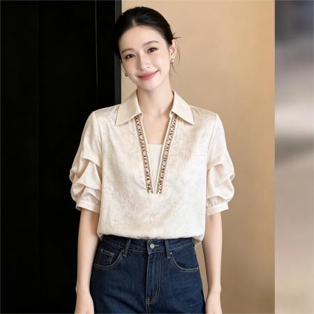 BY17535# 韩式压褶晕染印花短袖衬衫女夏宽松休闲上衣 服裝批發女裝批發服飾貨源