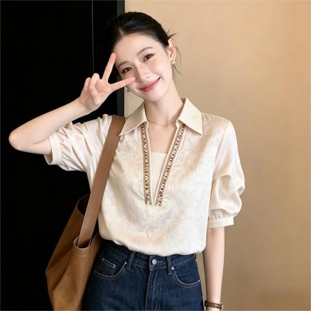 BY17535# 韩式压褶晕染印花短袖衬衫女夏宽松休闲上衣 服裝批發女裝批發服飾貨源