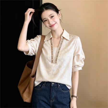 BY17535# 韩式压褶晕染印花短袖衬衫女夏宽松休闲上衣 服裝批發女裝批發服飾貨源