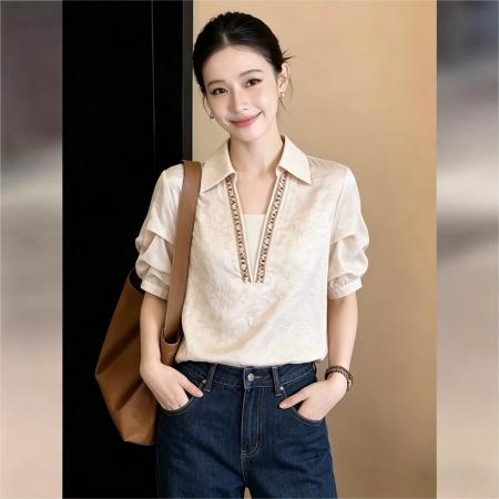 BY17535# 韩式压褶晕染印花短袖衬衫女夏宽松休闲上衣 服裝批發女裝批發服飾貨源