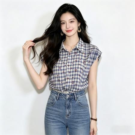 巨好看格纹短袖衬衫上衣女夏休闲百搭宽松通勤衬衣 服裝批發女裝批發服飾貨源