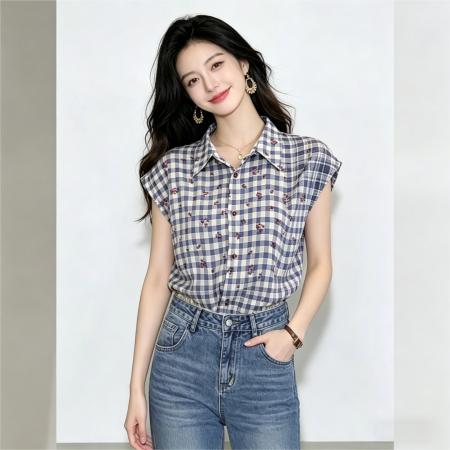 巨好看格纹短袖衬衫上衣女夏休闲百搭宽松通勤衬衣 服裝批發女裝批發服飾貨源