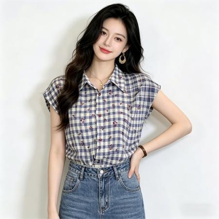 巨好看格纹短袖衬衫上衣女夏休闲百搭宽松通勤衬衣 服裝批發女裝批發服飾貨源