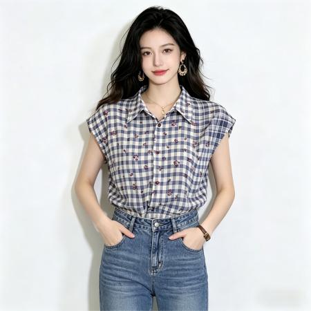 巨好看格纹短袖衬衫上衣女夏休闲百搭宽松通勤衬衣 服裝批發女裝批發服飾貨源