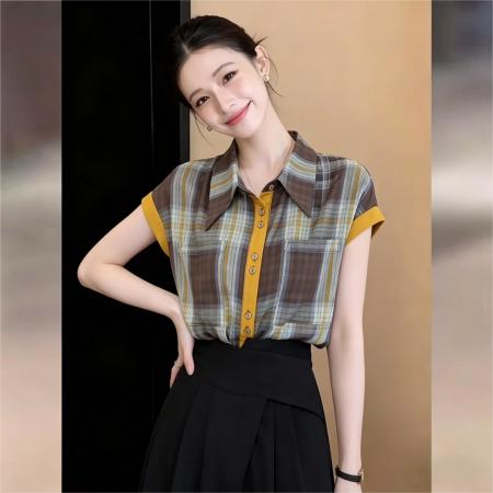 韩版简约复古感格子轻薄衬衫女夏新款松弛感撞色衬衣潮 服裝批發女裝批發服飾貨源