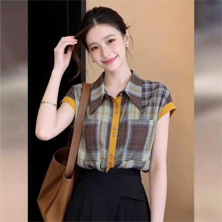 韩版简约复古感格子轻薄衬衫女夏新款松弛感撞色衬衣潮 服裝批發女裝批發服飾貨源