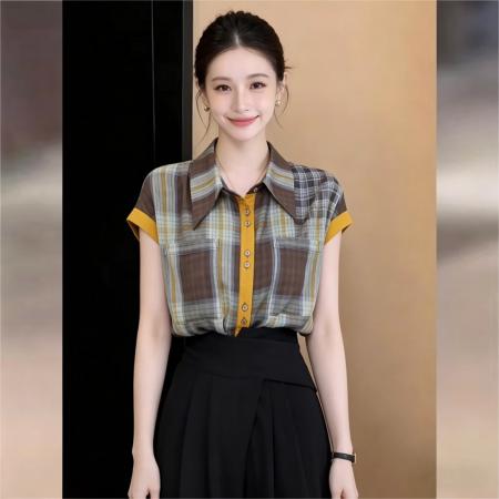 韩版简约复古感格子轻薄衬衫女夏新款松弛感撞色衬衣潮 服裝批發女裝批發服飾貨源