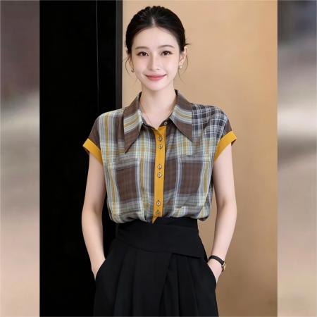 韩版简约复古感格子轻薄衬衫女夏新款松弛感撞色衬衣潮 服裝批發女裝批發服飾貨源