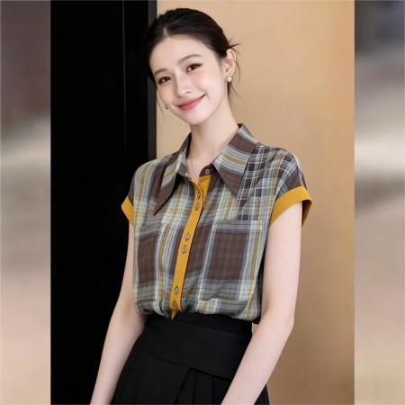 韩版简约复古感格子轻薄衬衫女夏新款松弛感撞色衬衣潮 服裝批發女裝批發服飾貨源