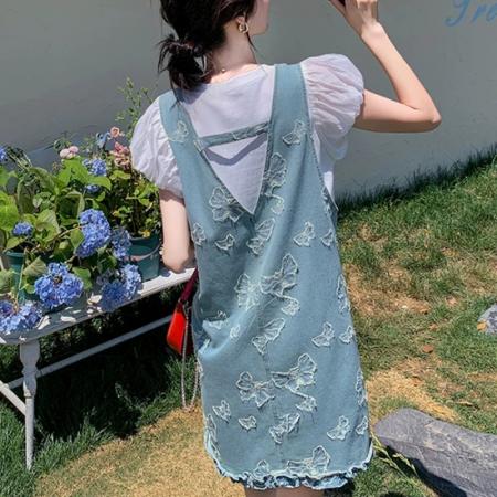 BY17540# 牛仔背带连衣裙女夏新款小个子俏皮活泼减龄绝美短裙两件套装 服裝批發女裝批發服飾貨源