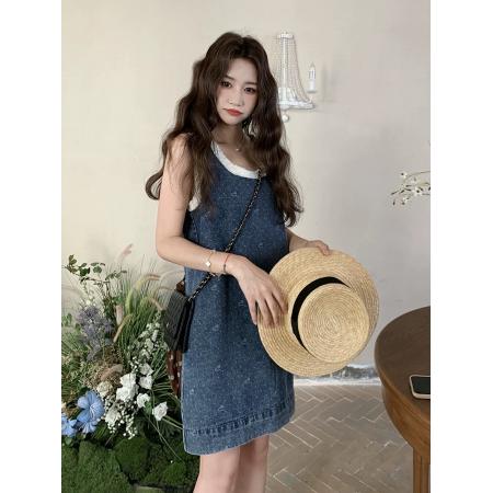 BY17543# 复古休闲气质提花牛仔连衣裙女夏新款小个子木耳边圆领背心裙 服裝批發女裝批發服飾貨源