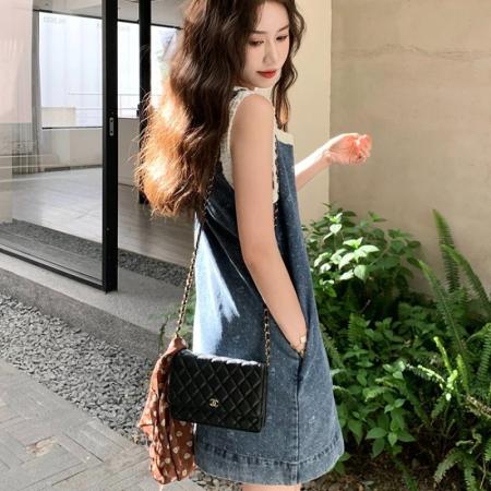 BY17543# 复古休闲气质提花牛仔连衣裙女夏新款小个子木耳边圆领背心裙 服裝批發女裝批發服飾貨源