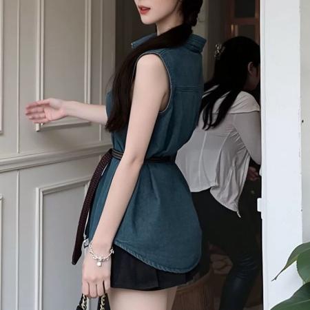 港风复古无袖牛仔衬衫女装夏季气质高级感休闲马甲上衣收腰小外套 服裝批發女裝批發服飾貨源