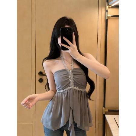 BY17545# 重工钉钻美背挂脖抹胸背心女修身无袖设计感纯欲上衣 服裝批發女裝批發服飾貨源