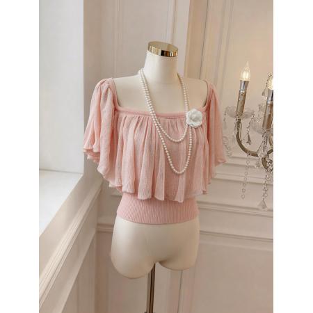 裸纱织韵韩女氛围感荷叶边一字肩法式气质针织上衣女 服裝批發女裝批發服飾貨源