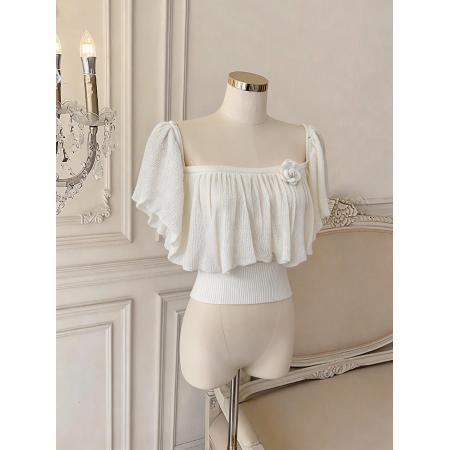 裸纱织韵韩女氛围感荷叶边一字肩法式气质针织上衣女 服裝批發女裝批發服飾貨源