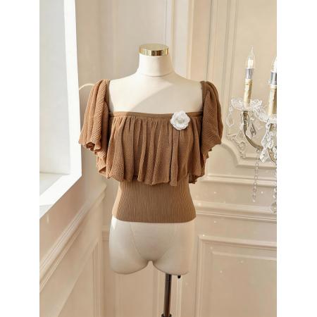 裸纱织韵韩女氛围感荷叶边一字肩法式气质针织上衣女 服裝批發女裝批發服飾貨源