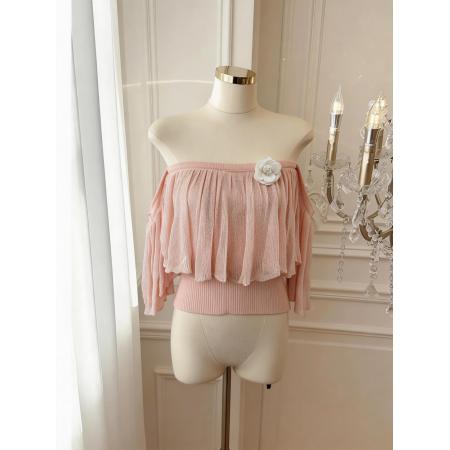 裸纱织韵韩女氛围感荷叶边一字肩法式气质针织上衣女 服裝批發女裝批發服飾貨源