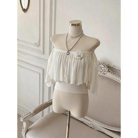 裸纱织韵韩女氛围感荷叶边一字肩法式气质针织上衣女 服裝批發女裝批發服飾貨源