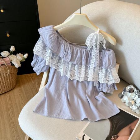 BY17547# 夏季新款时尚百搭一字肩荷叶边蕾丝拼接短袖衬衫上衣女 服裝批發女裝批發服飾貨源
