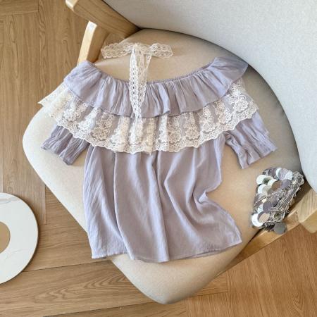 BY17547# 夏季新款时尚百搭一字肩荷叶边蕾丝拼接短袖衬衫上衣女 服裝批發女裝批發服飾貨源