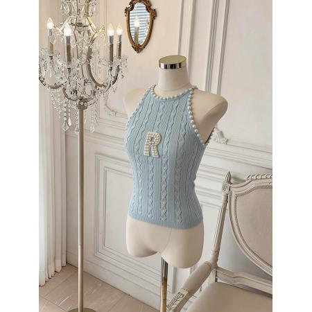 BY17548# 小香风蓝色钉珠吊带背心女夏季新款甜美显瘦外穿上衣 服裝批發女裝批發服飾貨源