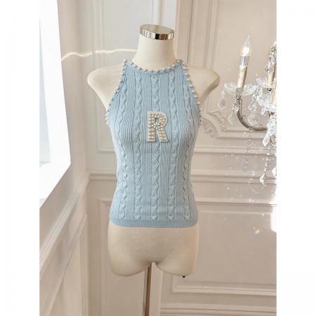 BY17548# 小香风蓝色钉珠吊带背心女夏季新款甜美显瘦外穿上衣 服裝批發女裝批發服飾貨源