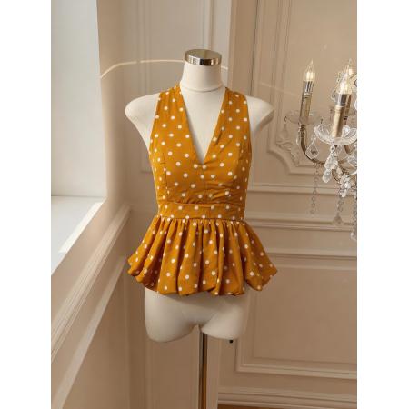 波点挂脖吊带背心纯欲辣妹花苞蓬蓬抹胸泰式绝美上衣 服裝批發女裝批發服飾貨源